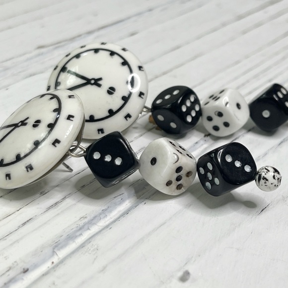 Vintage Earrings Round Dangling Enamel Clock Dice - Picture 2 of 5